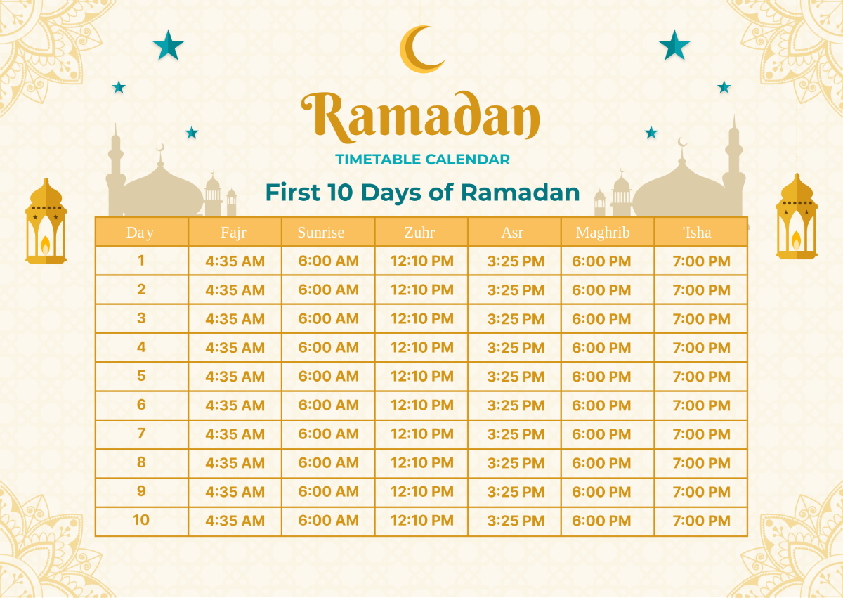 Ramadan Timetable Calendar