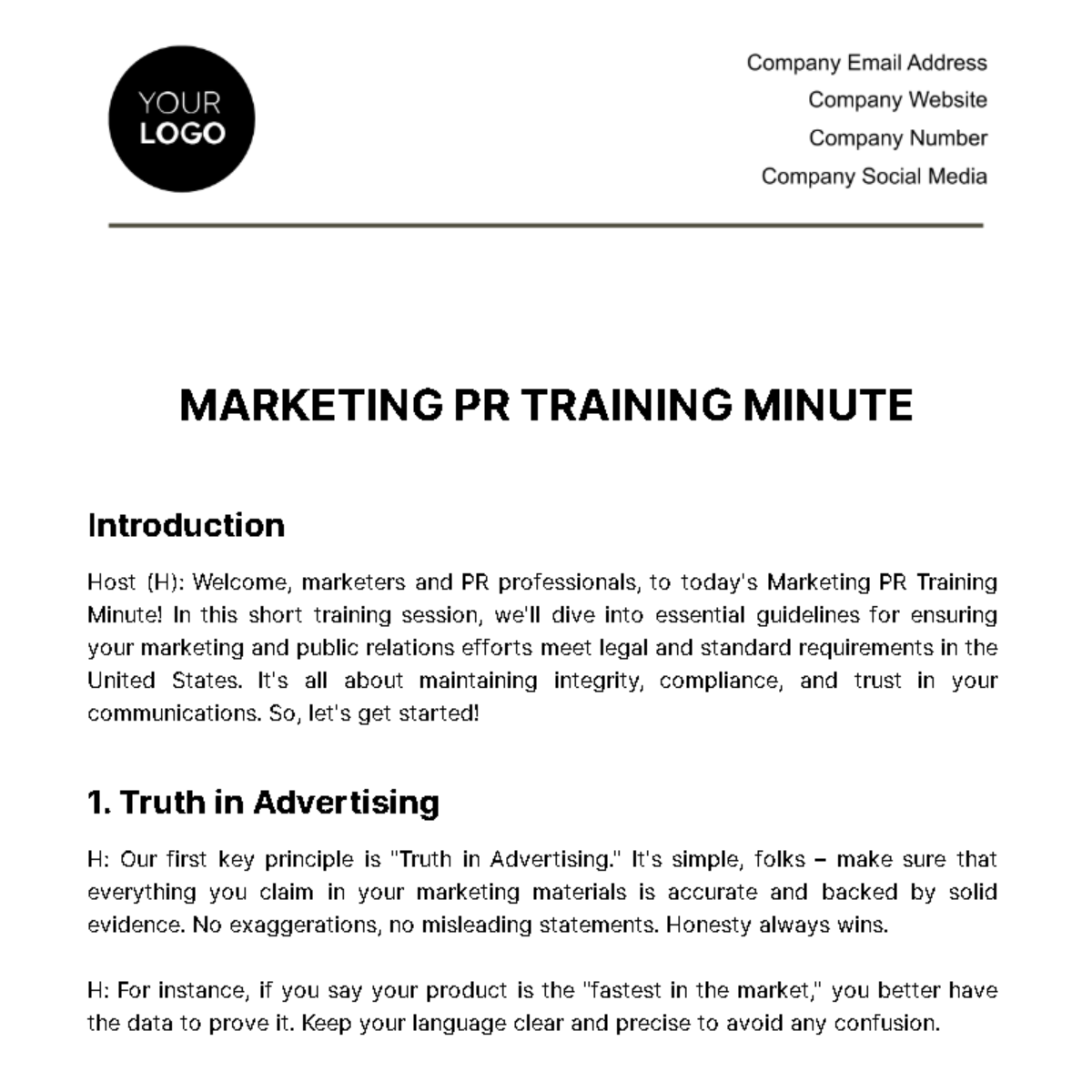 Marketing PR Training Minute Template