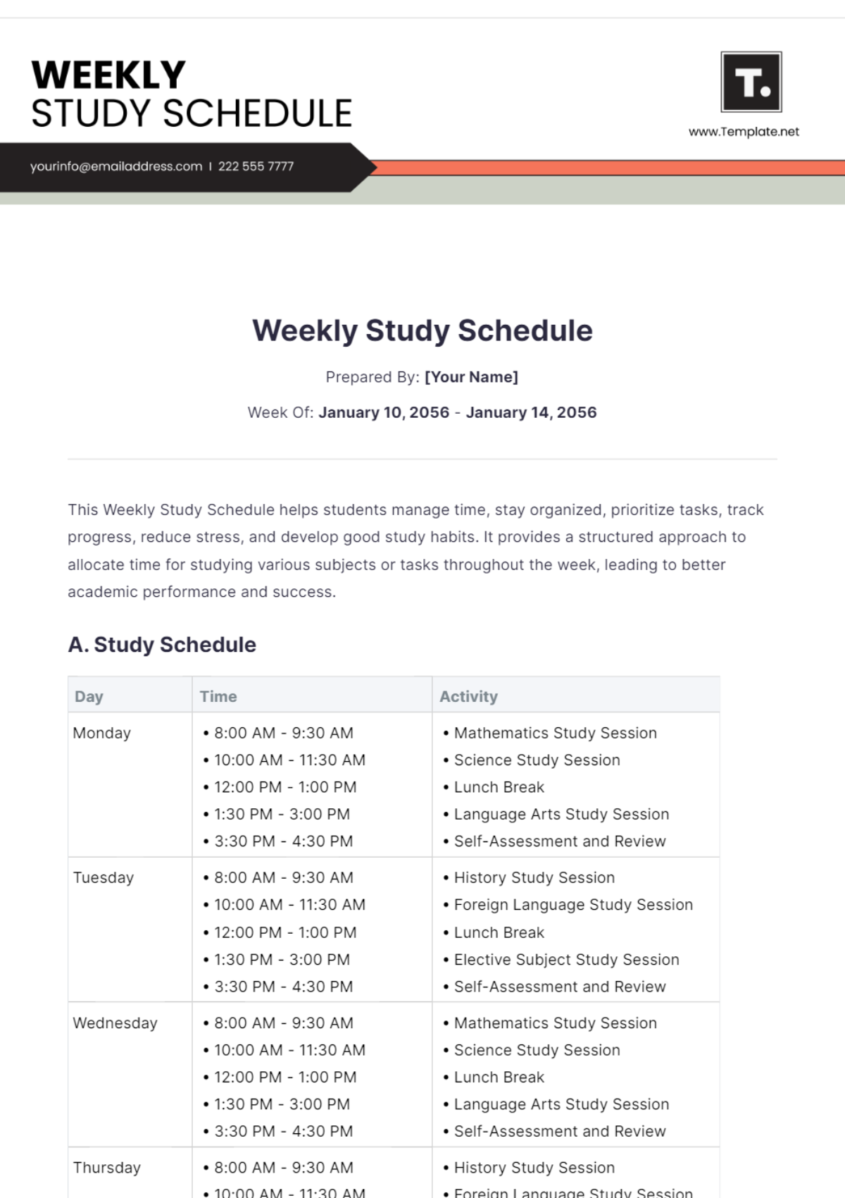 Weekly Study Schedule Template - Edit Online & Download