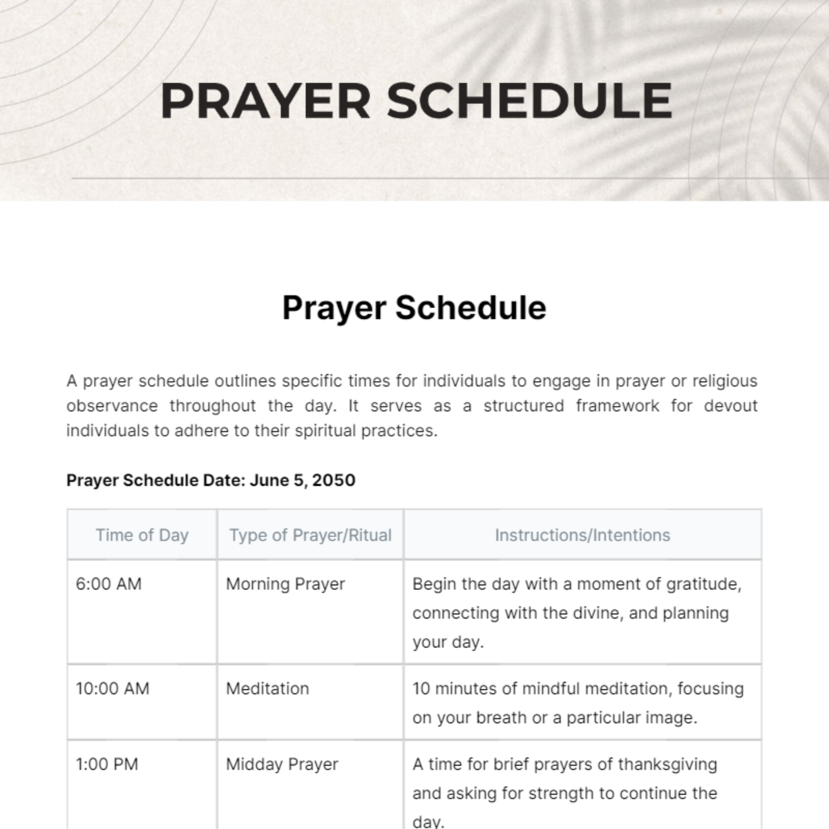 Prayer Schedule Template
