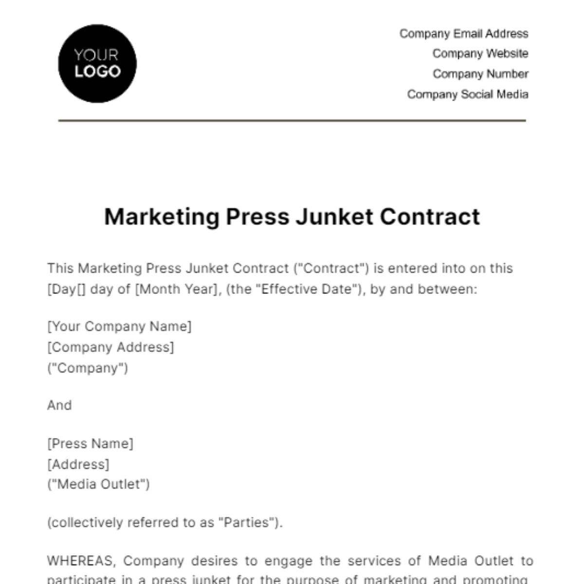 Marketing Press Junket Contract Template