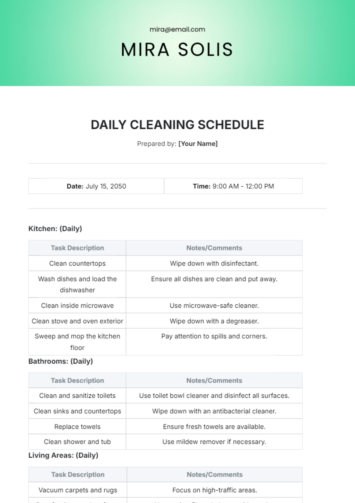 Daily Cleaning Schedule Template - Edit Online & Download