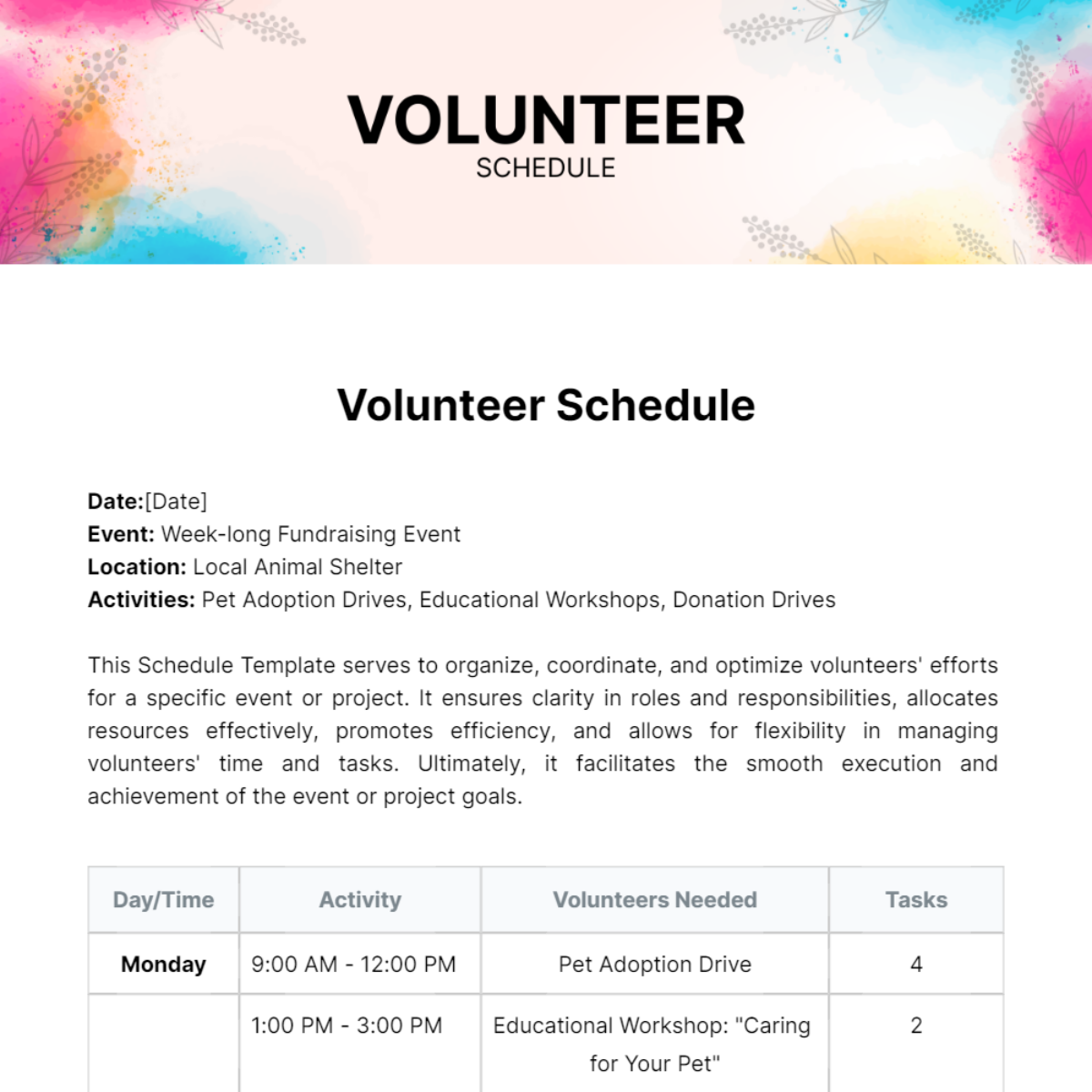 Volunteer Schedule Template