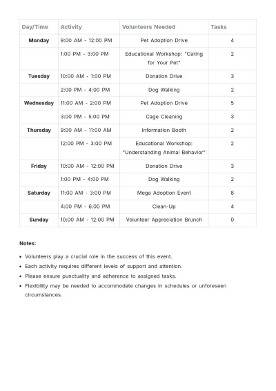 Free Volunteer Schedule Template to Edit Online