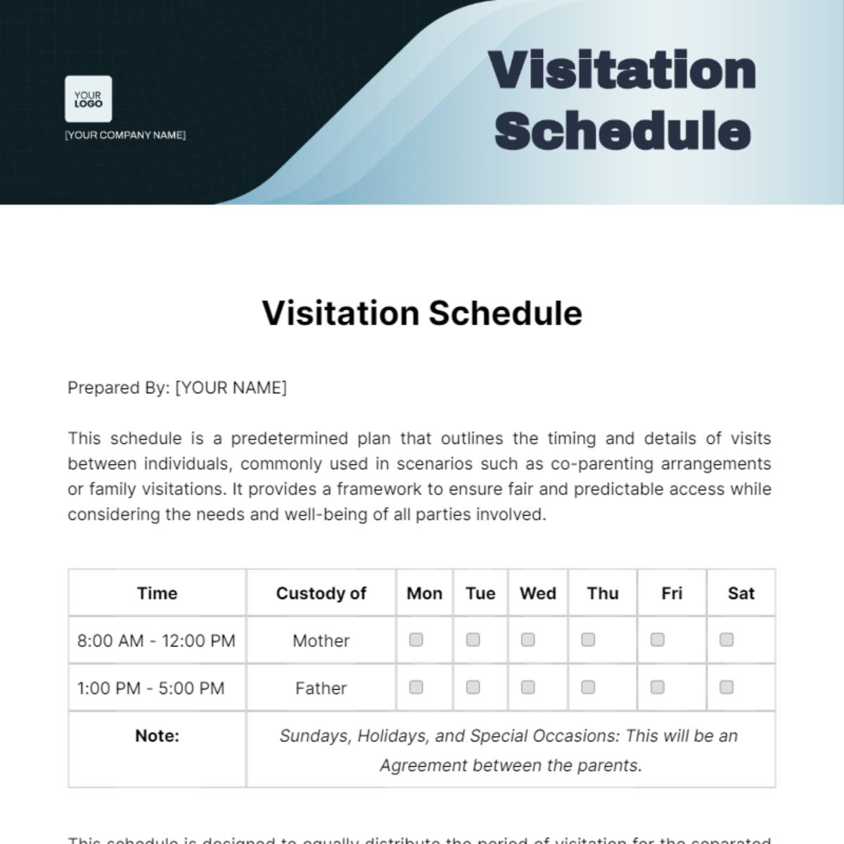 Visitation Schedule Template