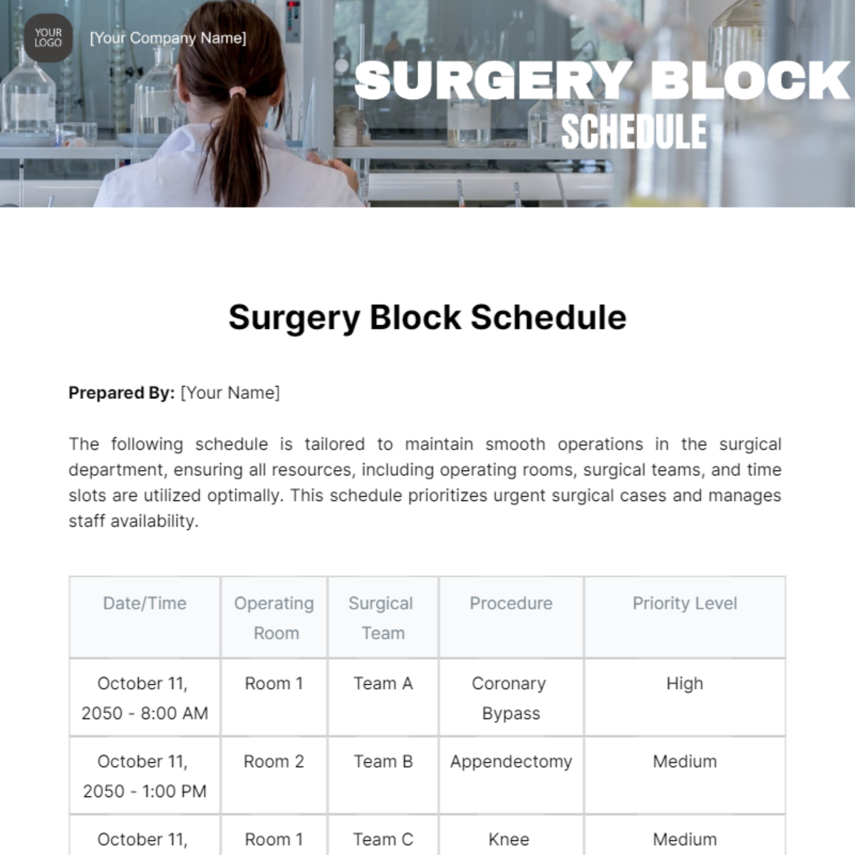 Surgery Block Schedule Template