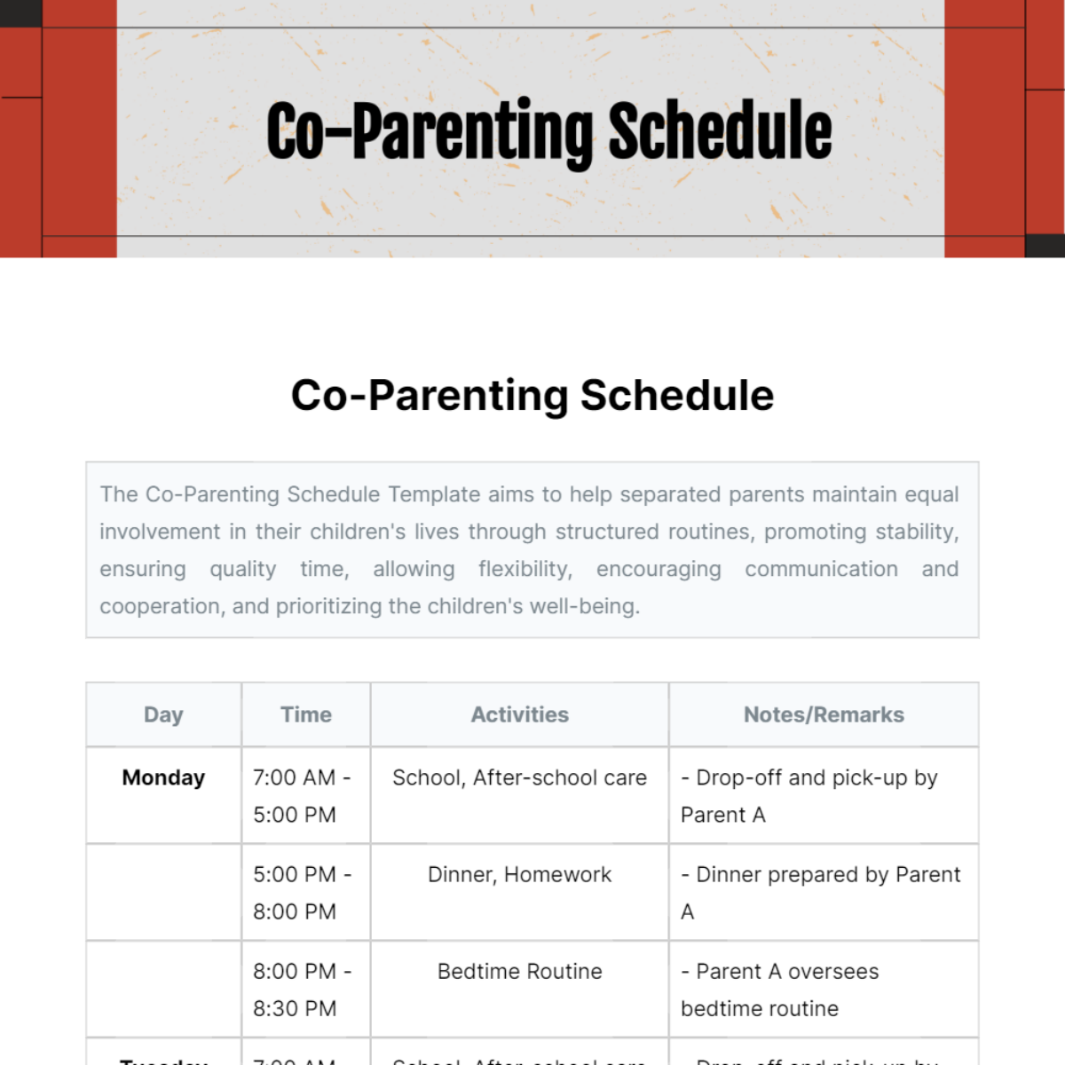 Co Parenting Schedule Template