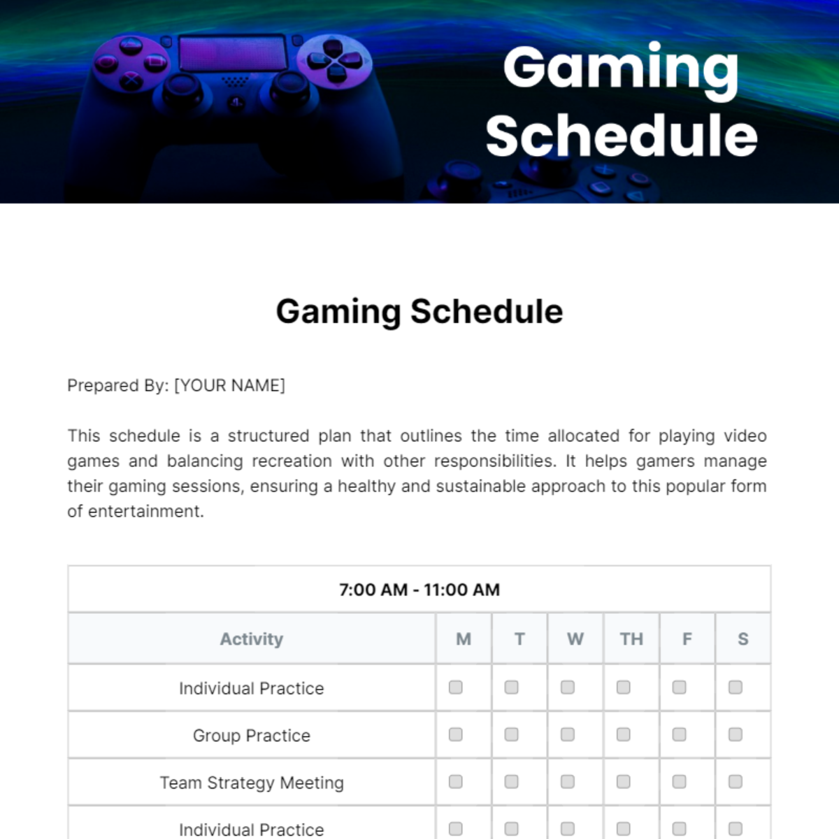 Gaming Schedule Template