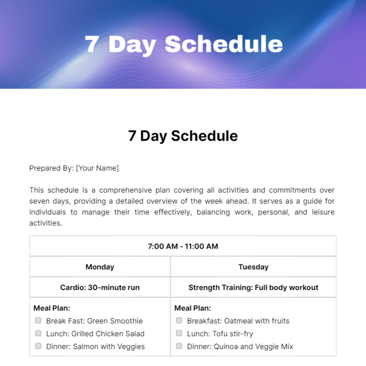 7 Day Schedule Template