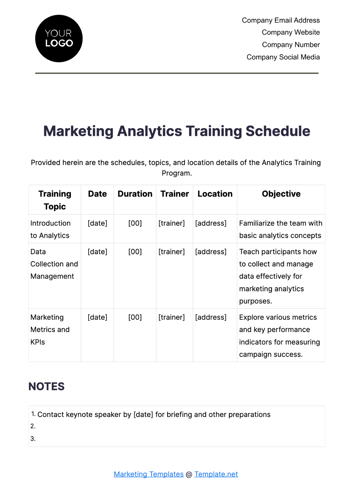 Marketing Analytics Training Schedule Template - Edit Online & Download