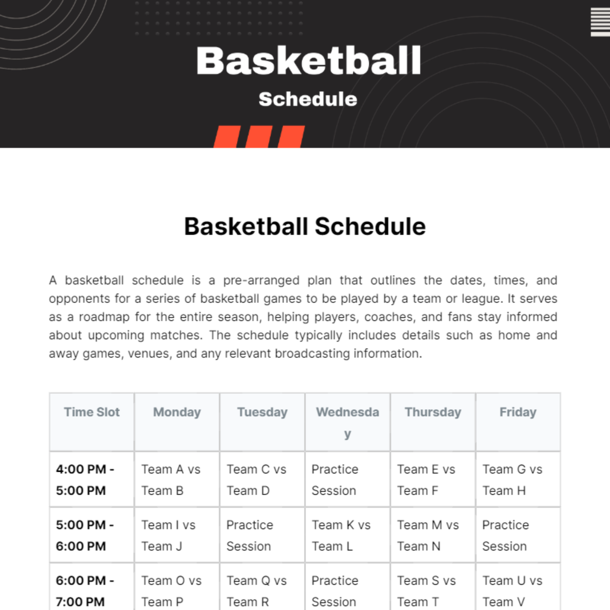 Basketball Schedule Template