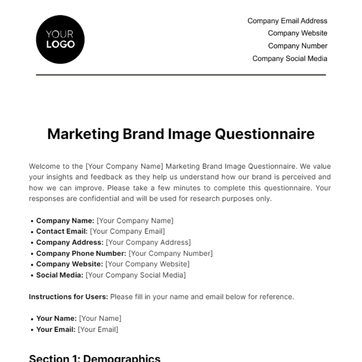 Marketing Brand Image Questionnaire Template
