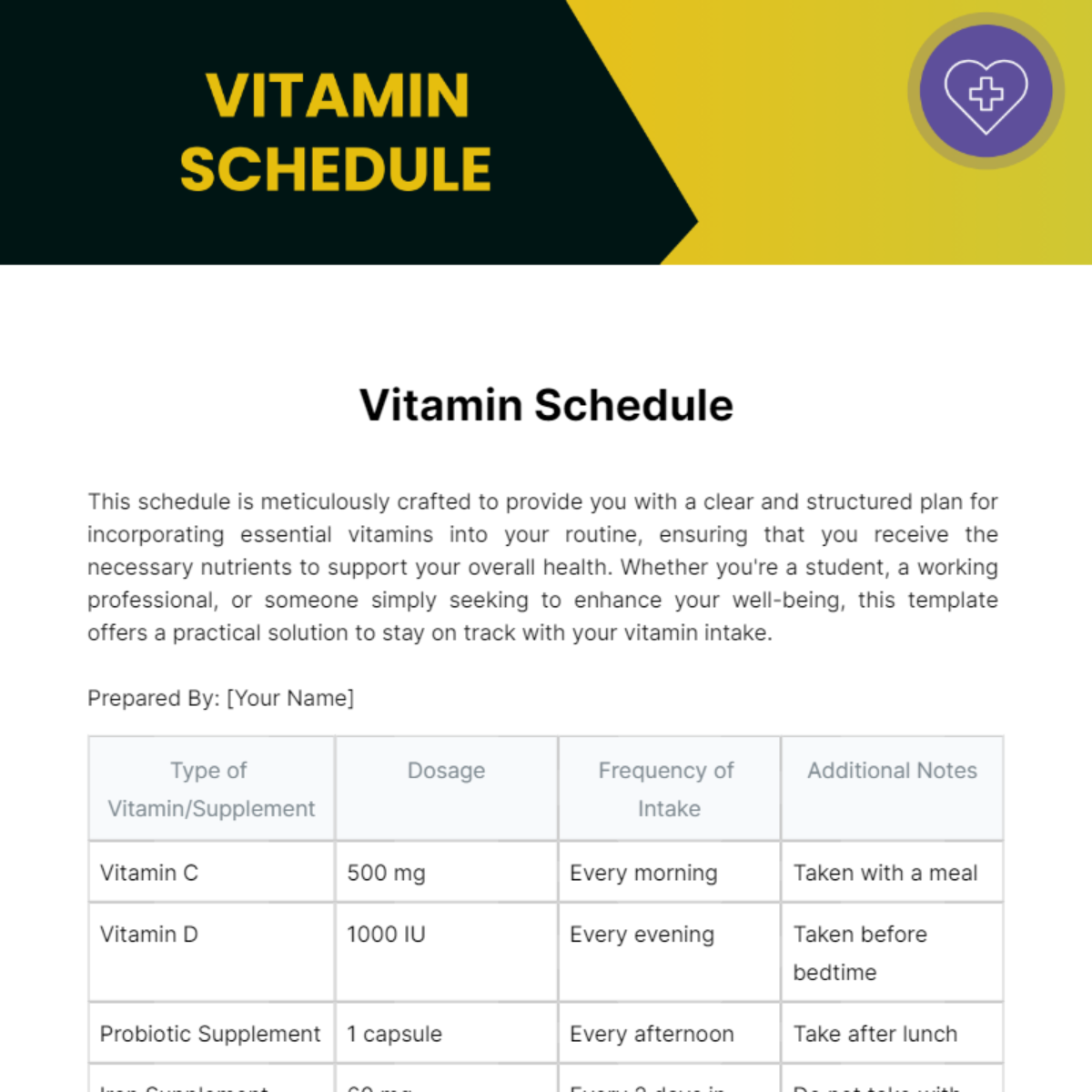 Vitamin Schedule Template