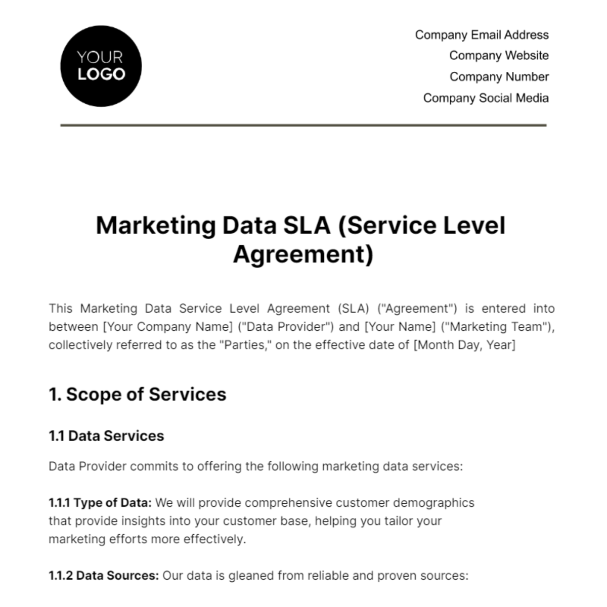 Free Marketing Data SLA (Service Level Agreement) Template