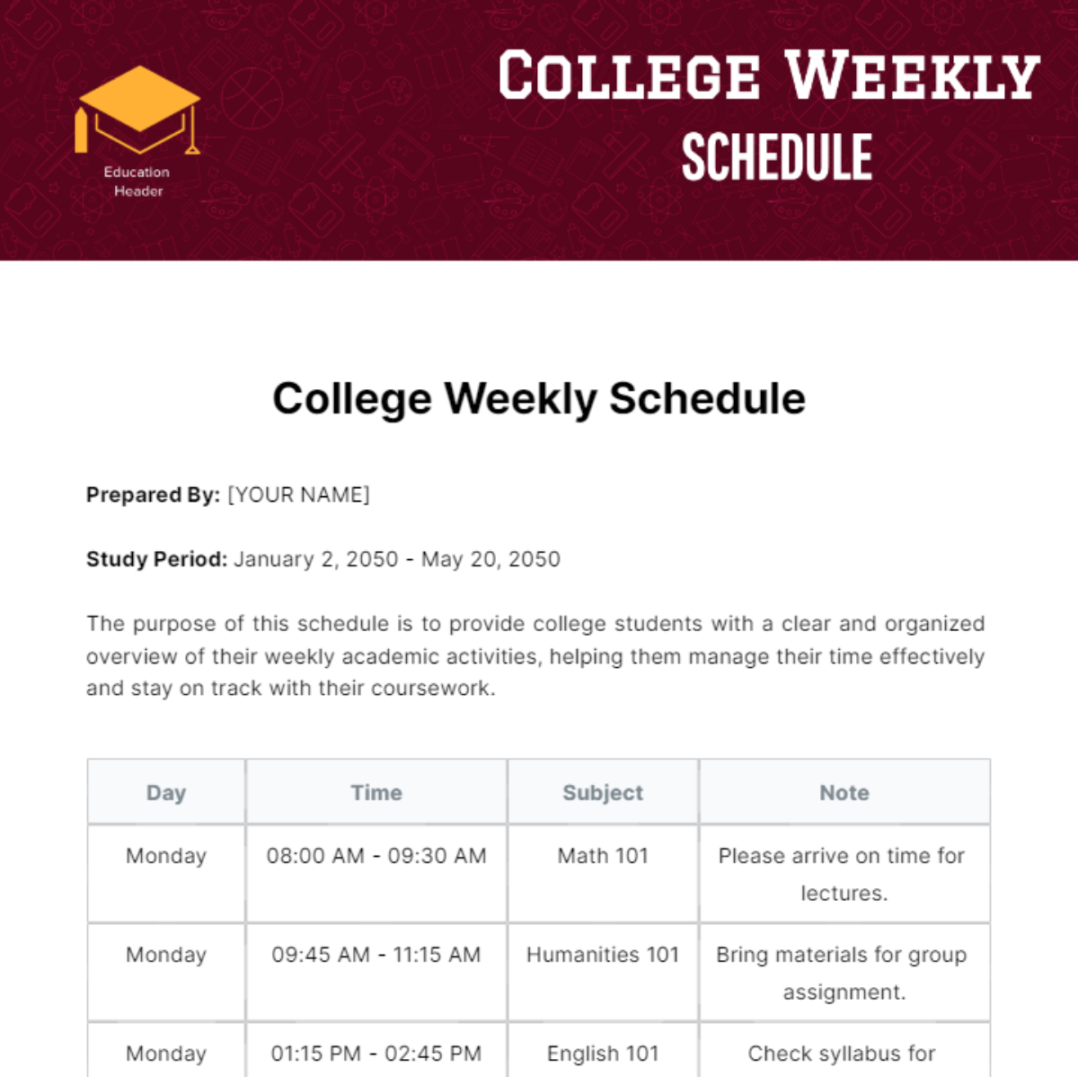 College Weekly Schedule Template