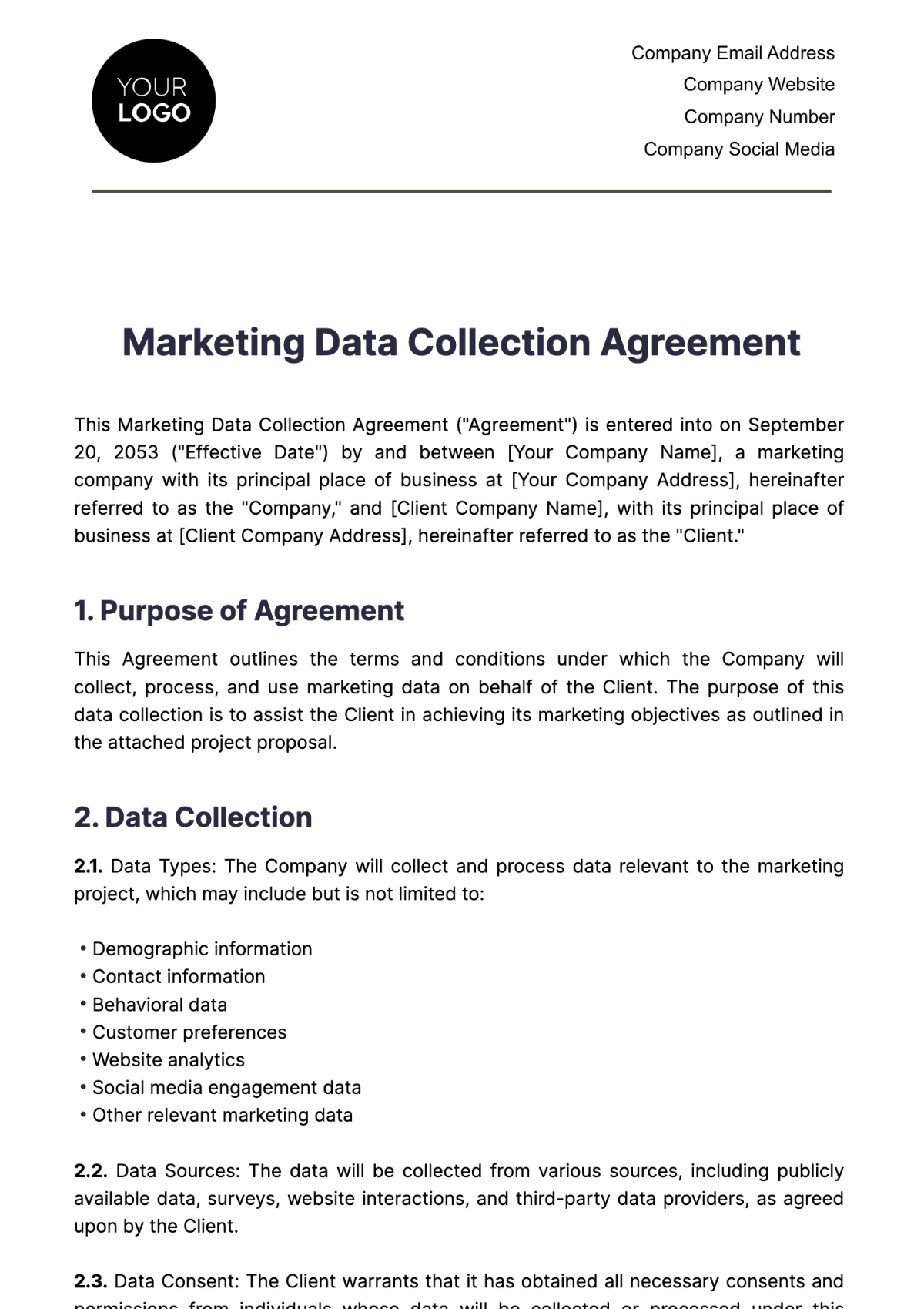 Marketing Data Collection Agreement Template - Edit Online & Download