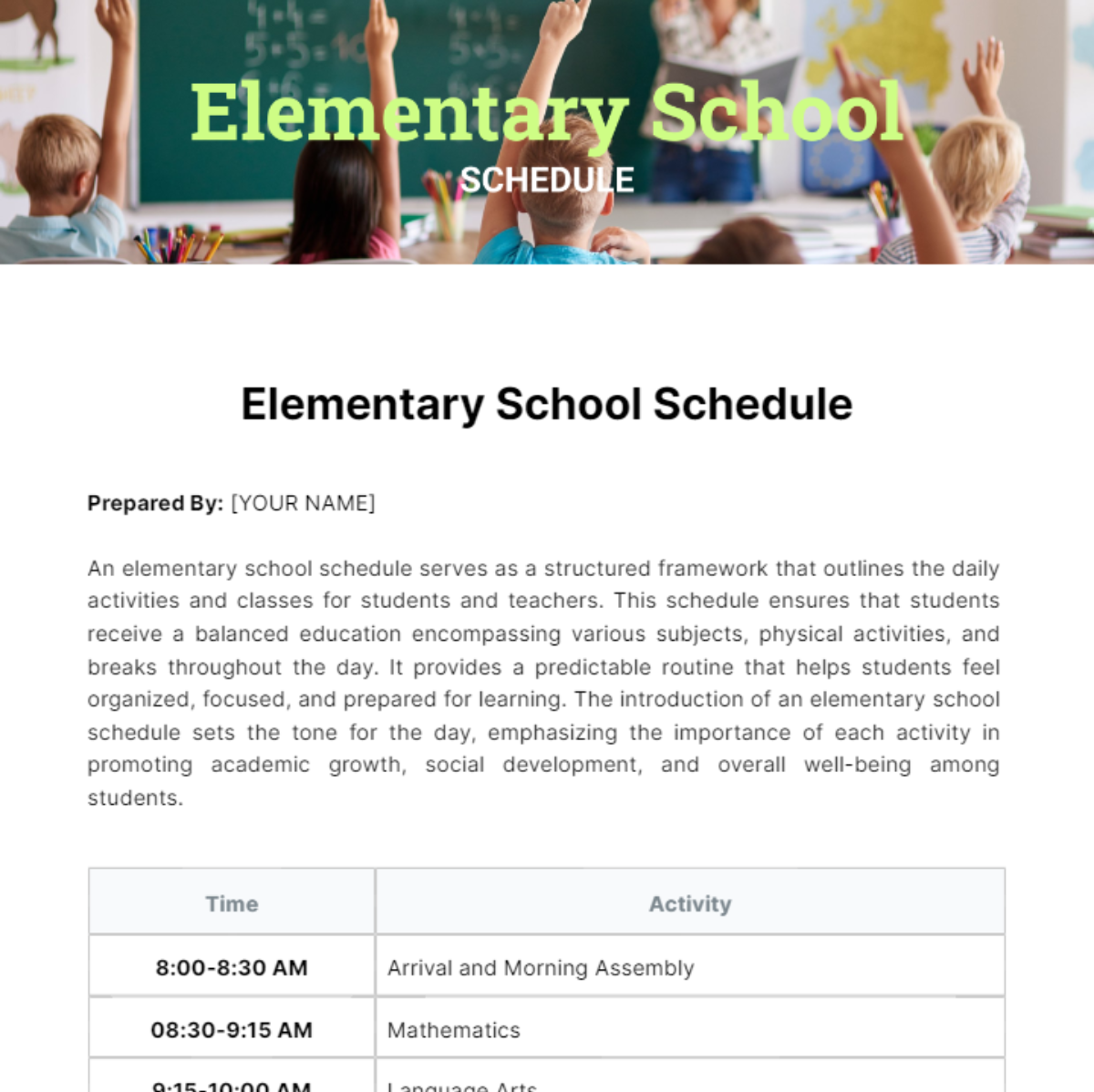 Elementary School Schedule Template