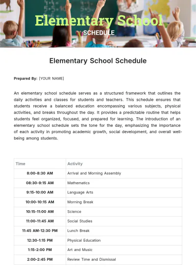 Free Elementary School Schedule Template to Edit Online