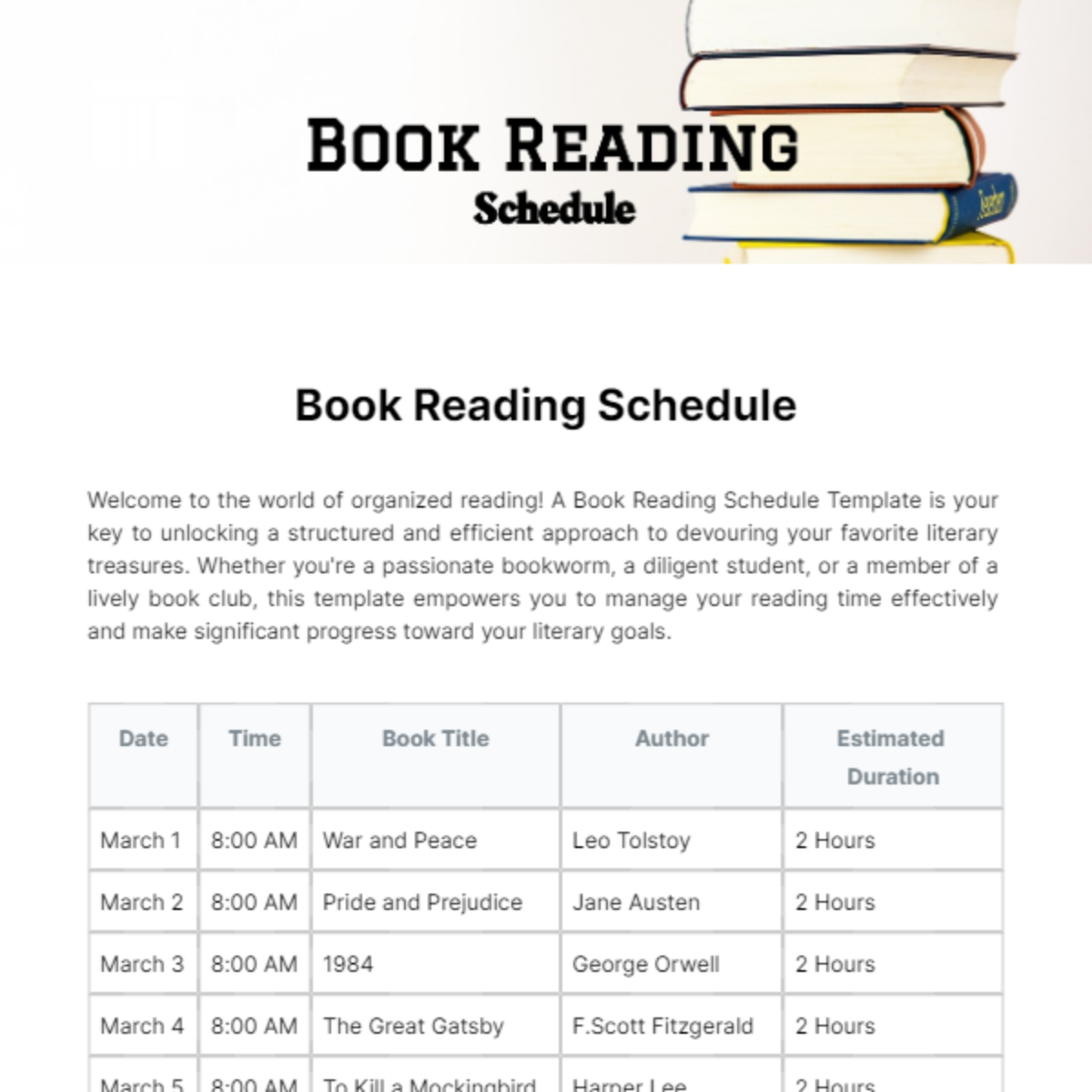 Book Reading Schedule Template