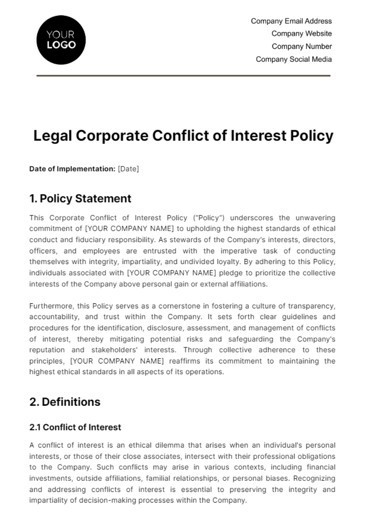 Legal Corporate Conflict of Interest Policy Template