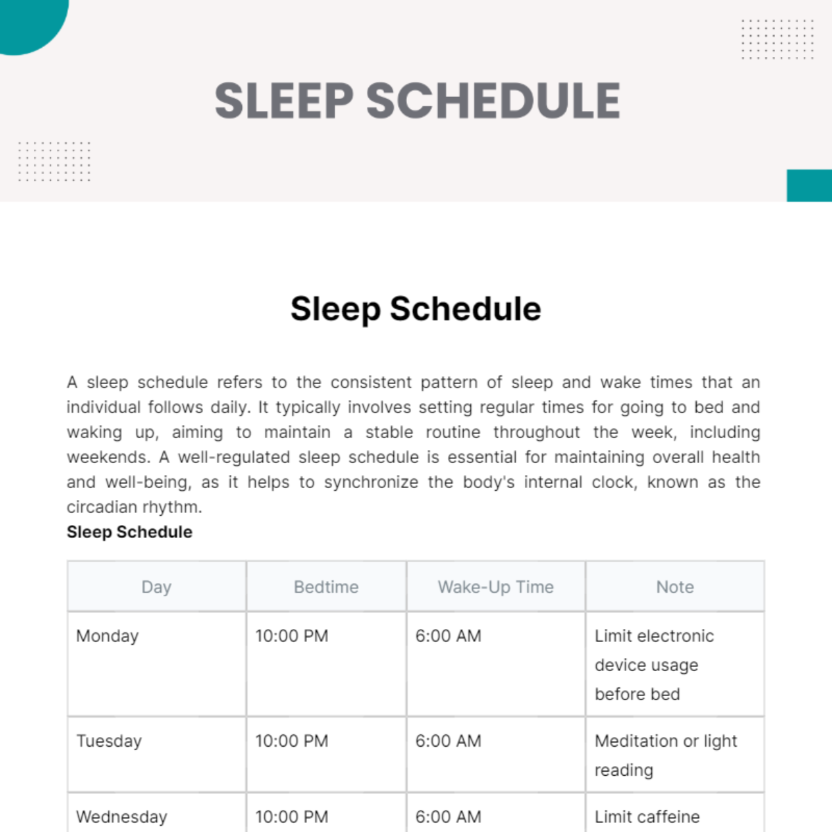 Sleep Schedule Template