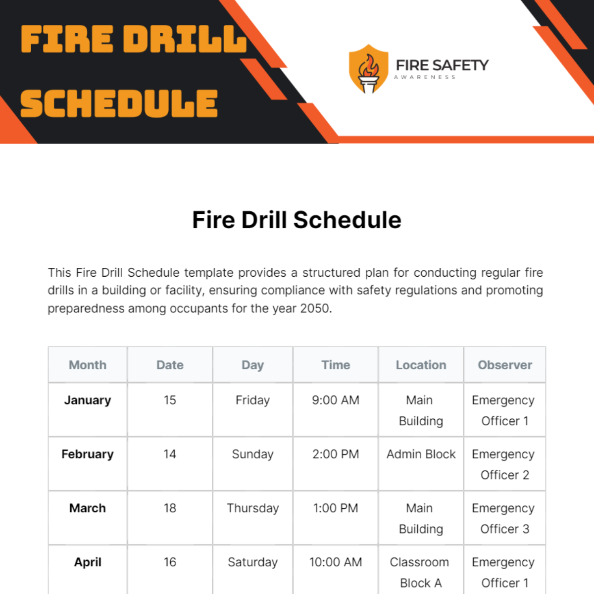 Fire Drill Schedule Template