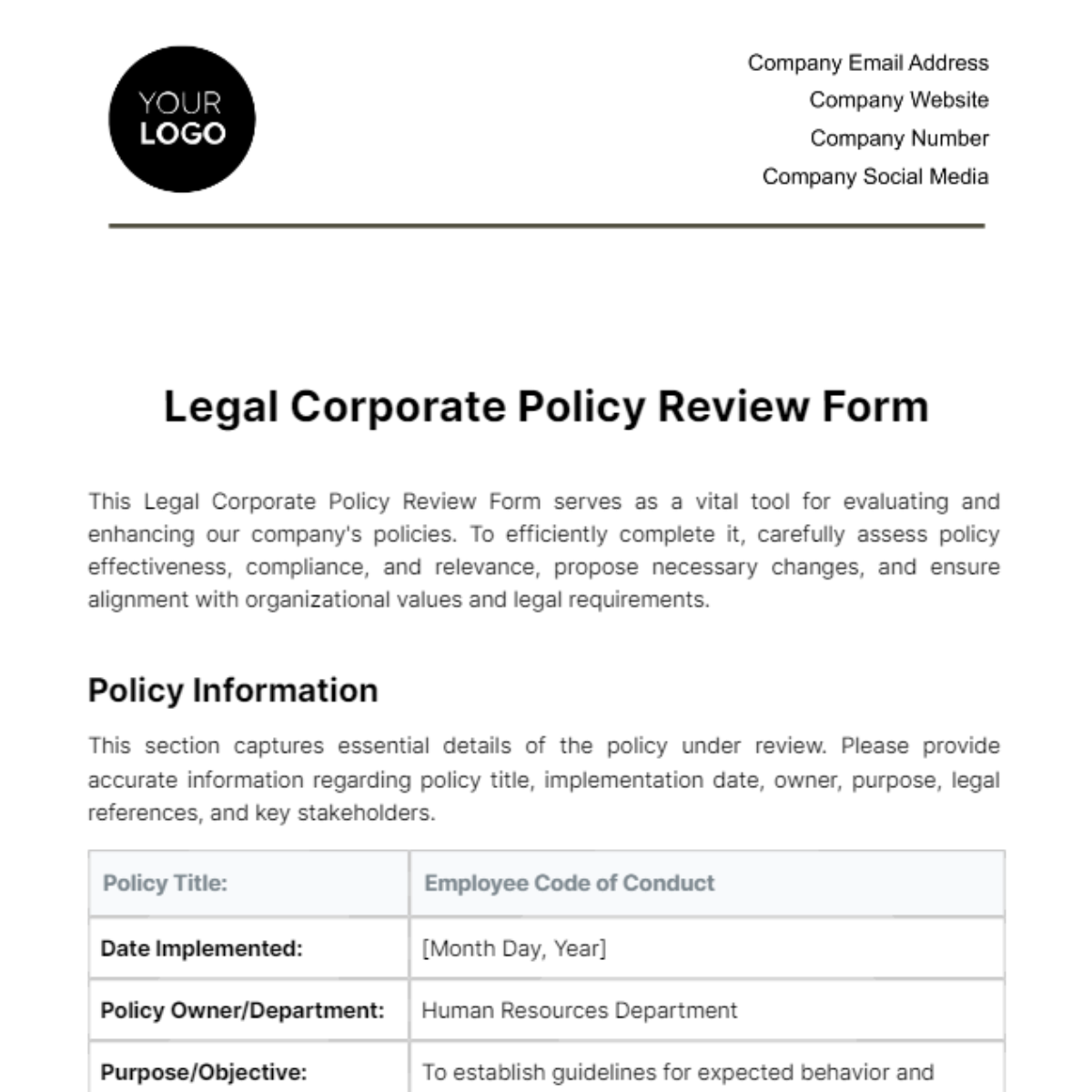 Legal Corporate Policy Review Form Template