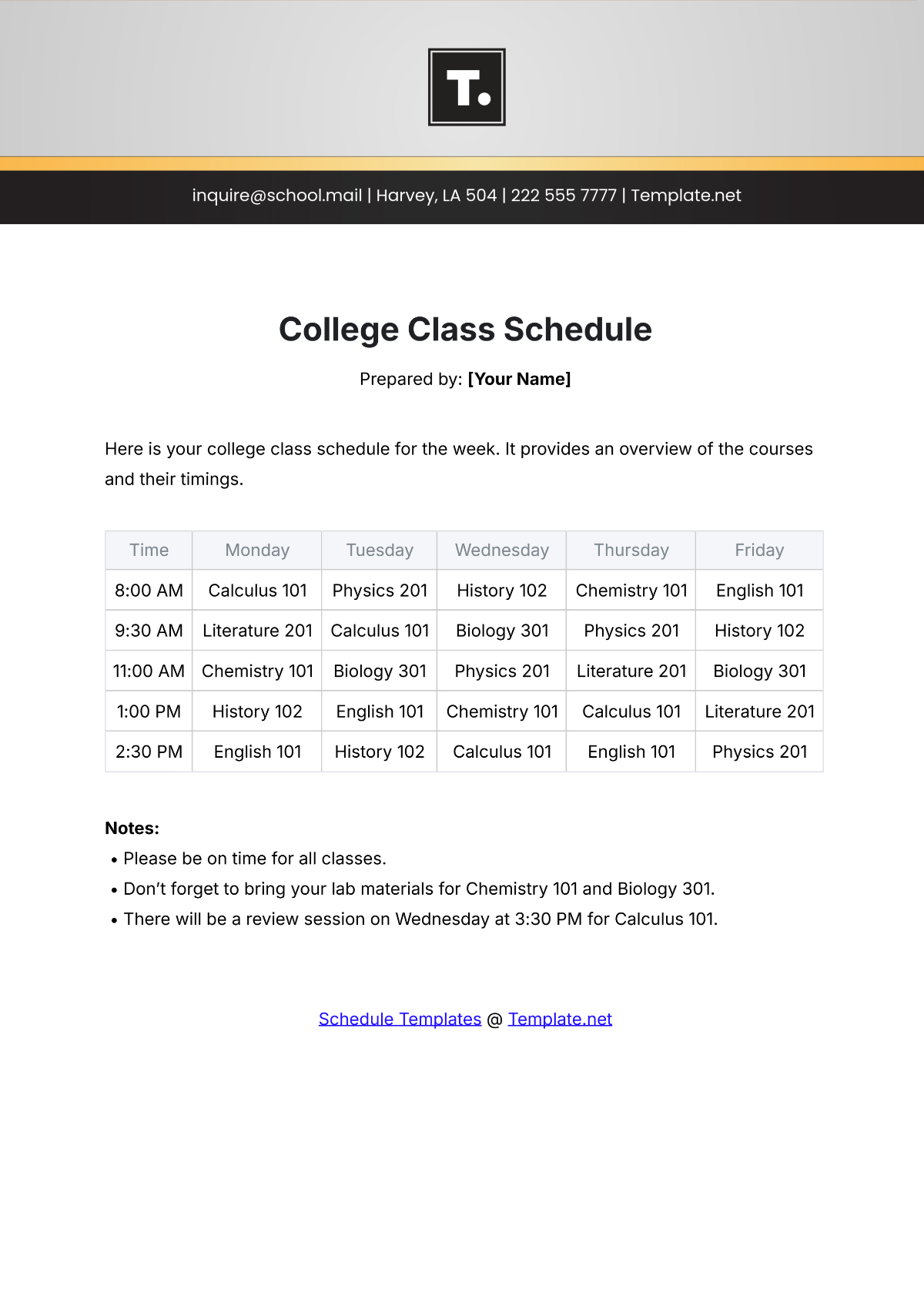 College Class Schedule Template - Edit Online & Download