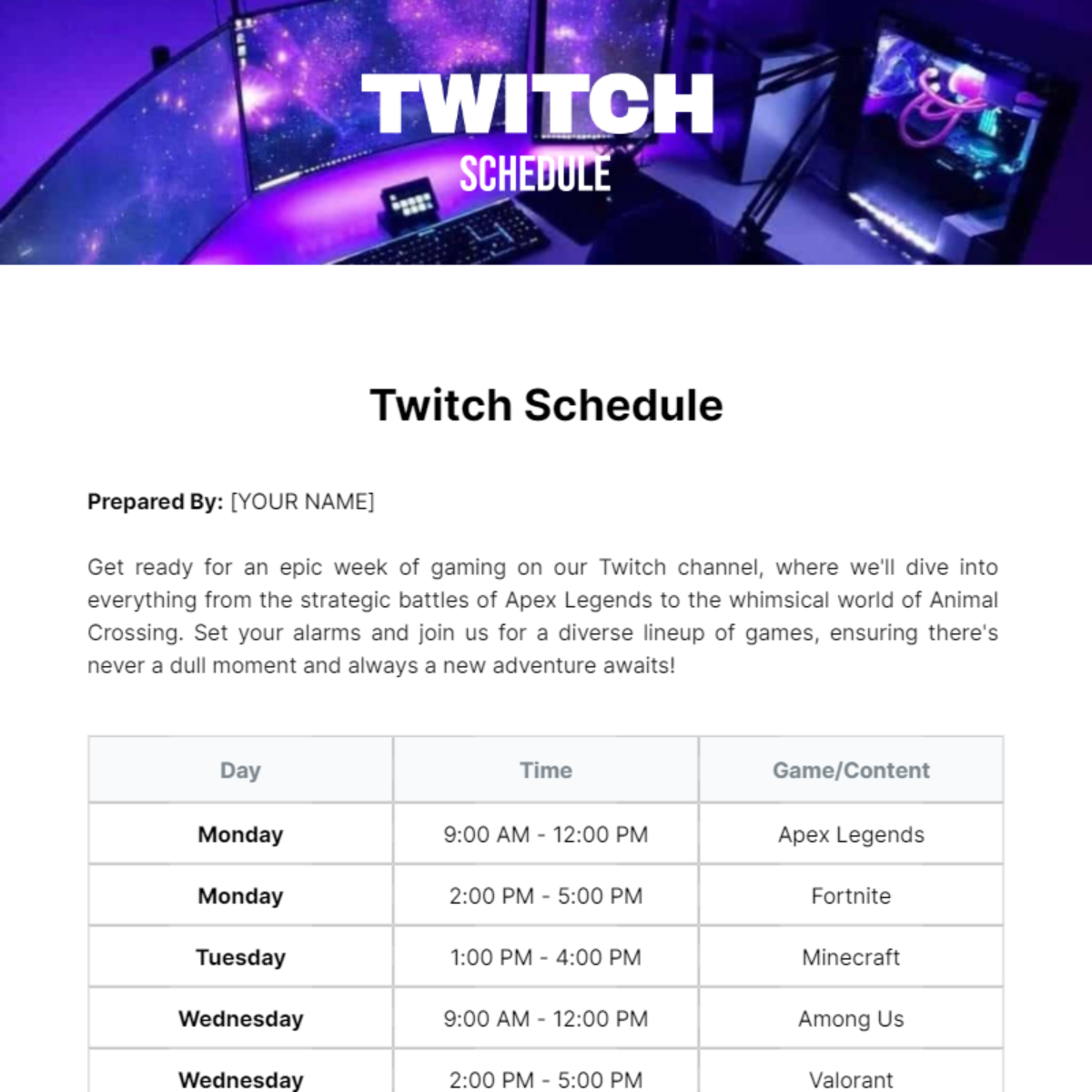 Twitch Schedule Template