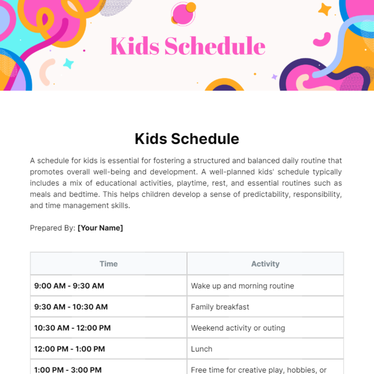 Kids Schedule Template