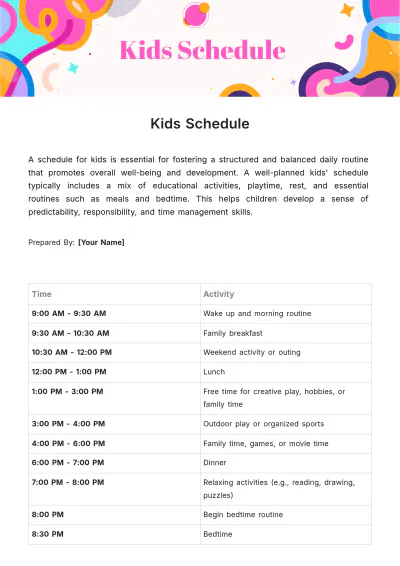 Free Kids Schedule Template to Edit Online
