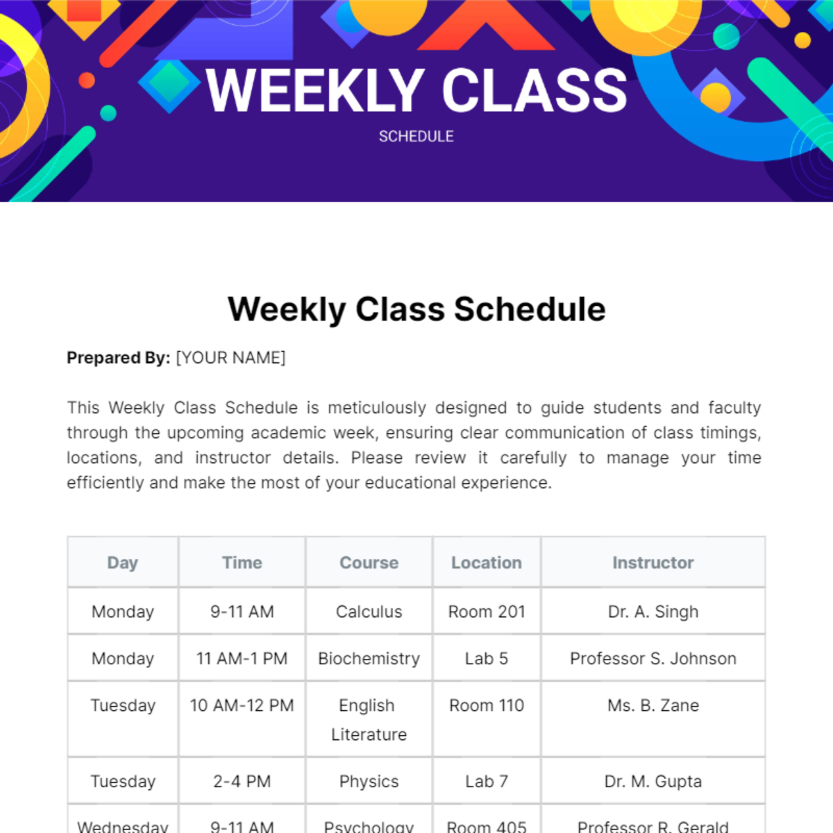 Weekly Class Schedule Template