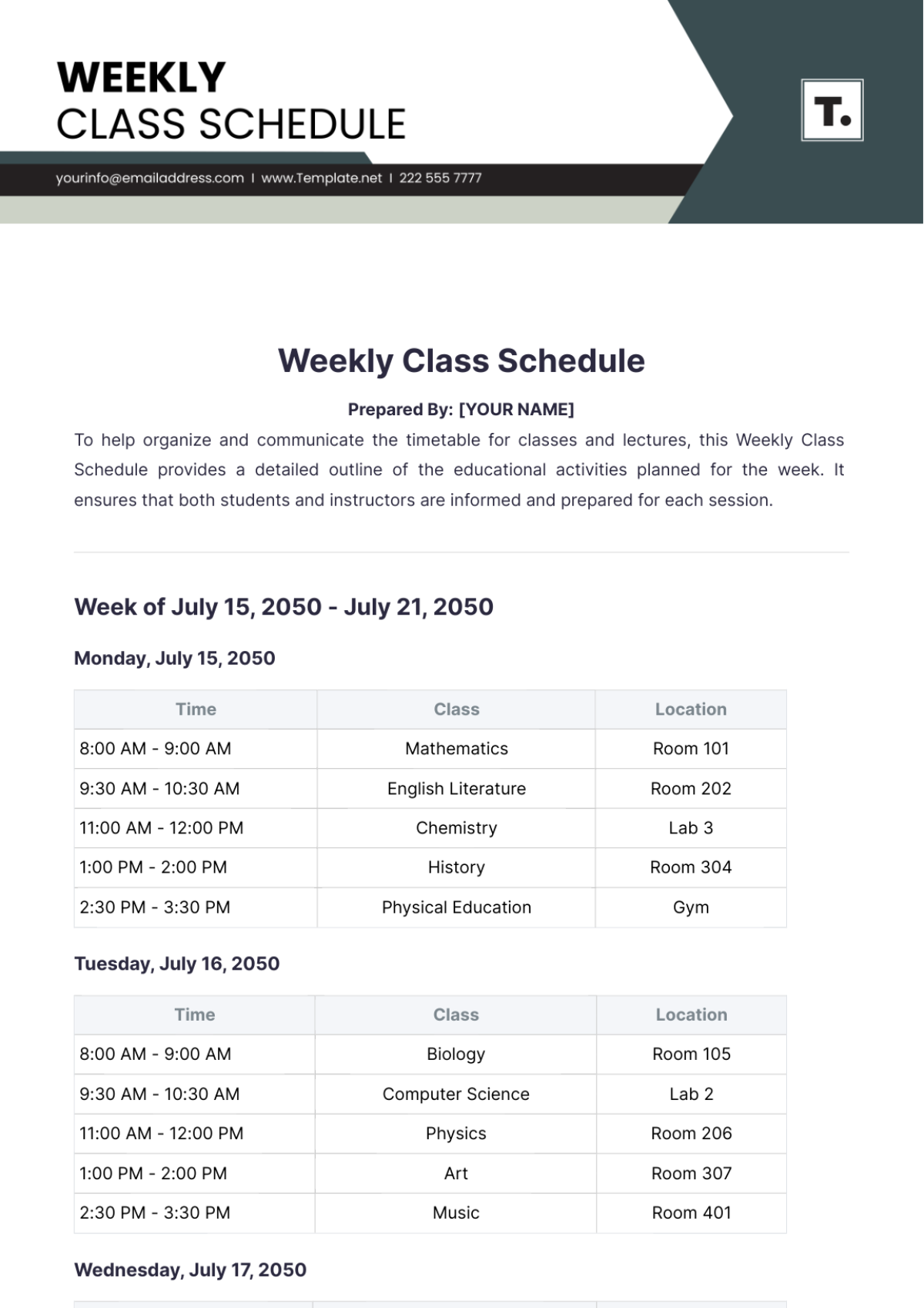 Weekly Class Schedule Template - Edit Online & Download