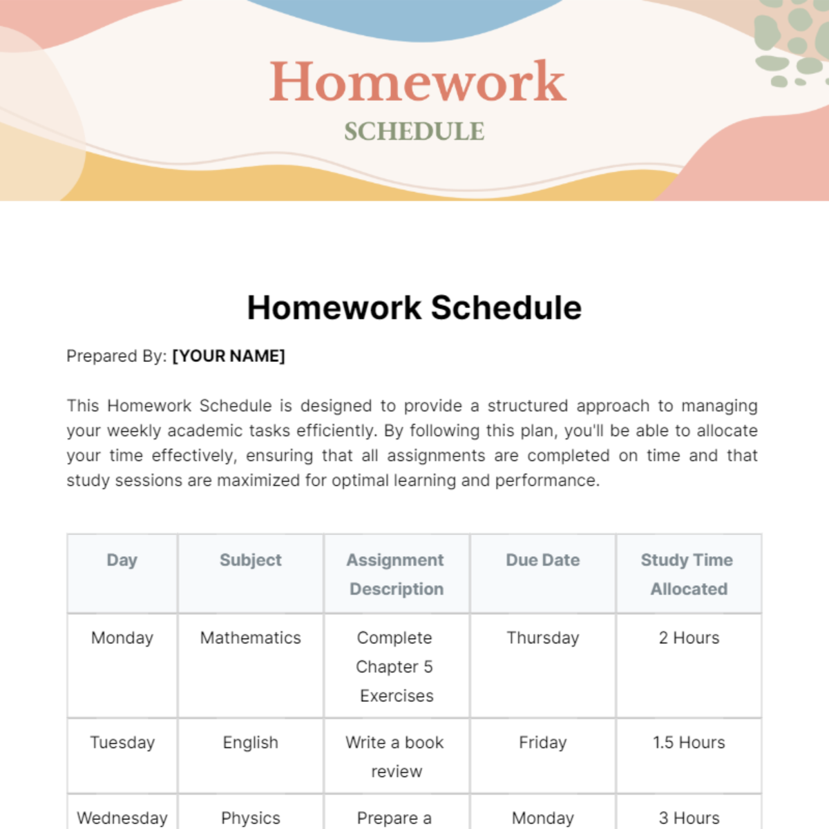 Homework Schedule Template