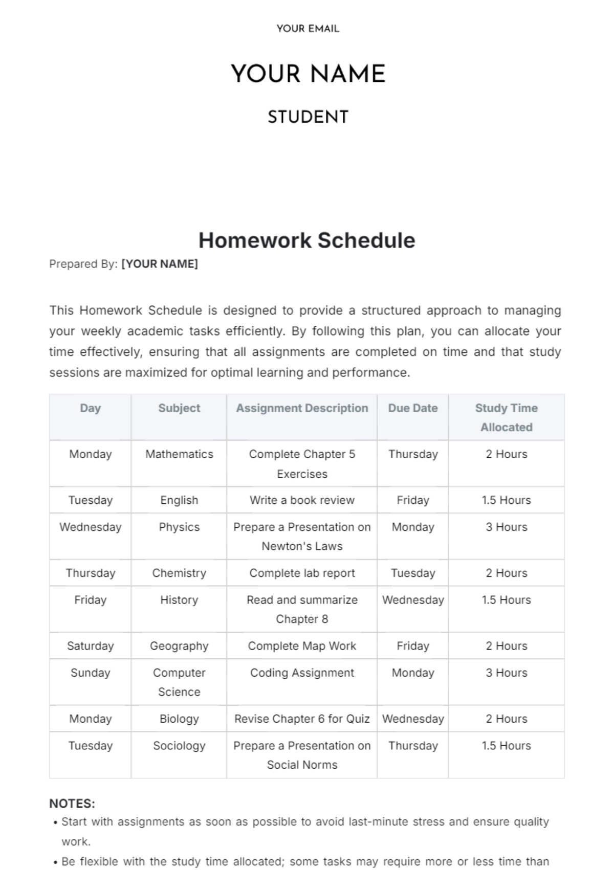 Homework Schedule Template - Edit Online & Download