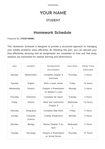 Free Homework Schedule Template to Edit Online