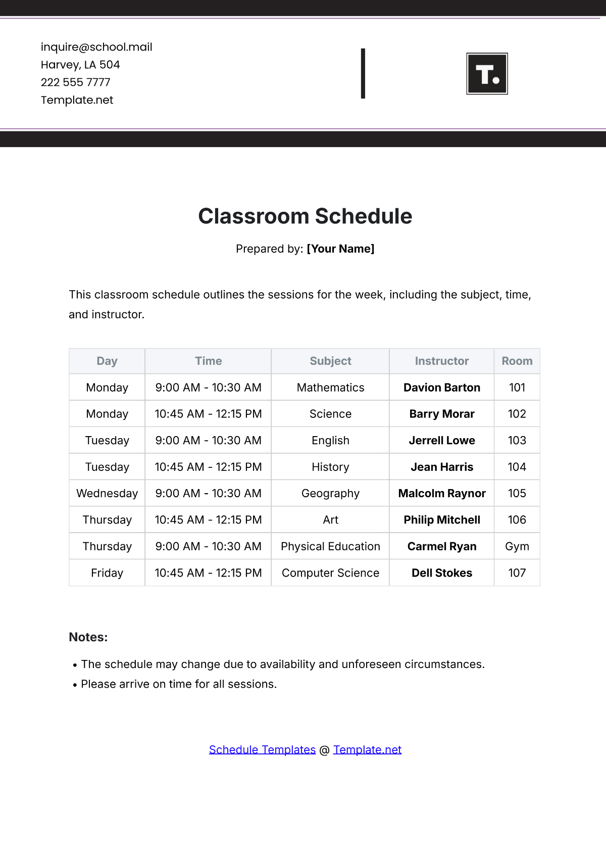 Classroom Schedule Template - Edit Online & Download