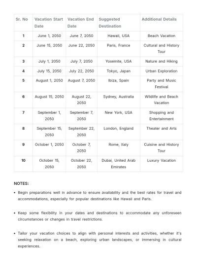 Free Vacation Schedule Template to Edit Online