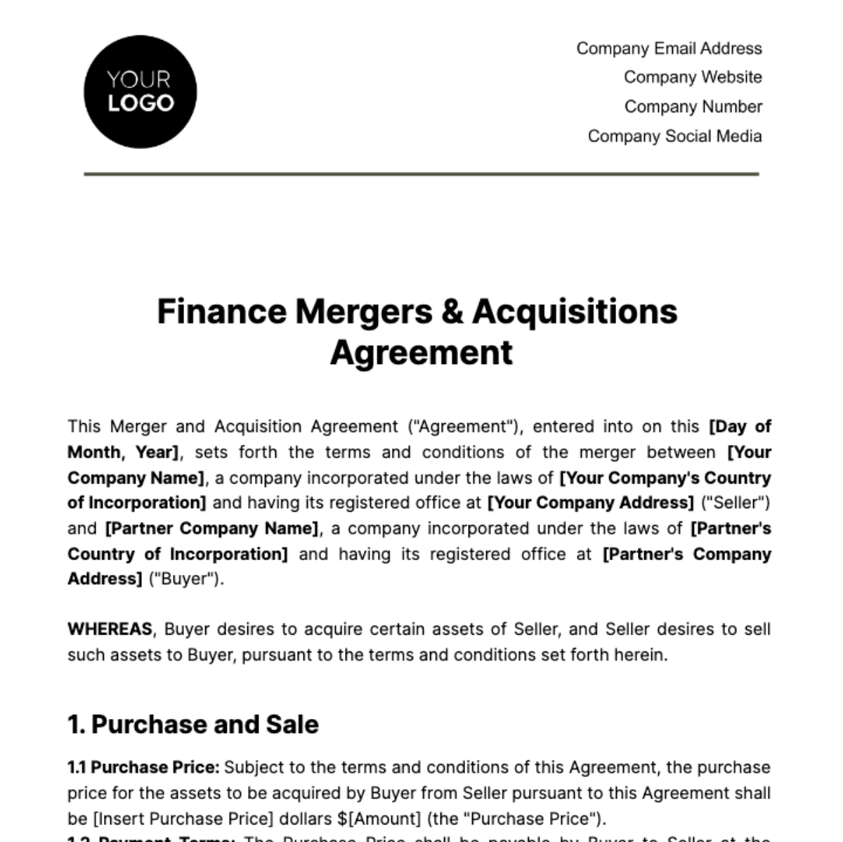 Free Finance Mergers & Acquisitions Agreement Template