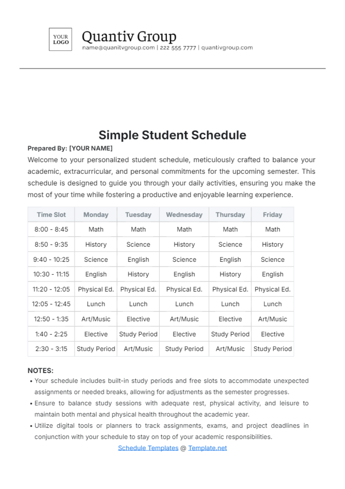 Simple Student Schedule Template - Edit Online & Download