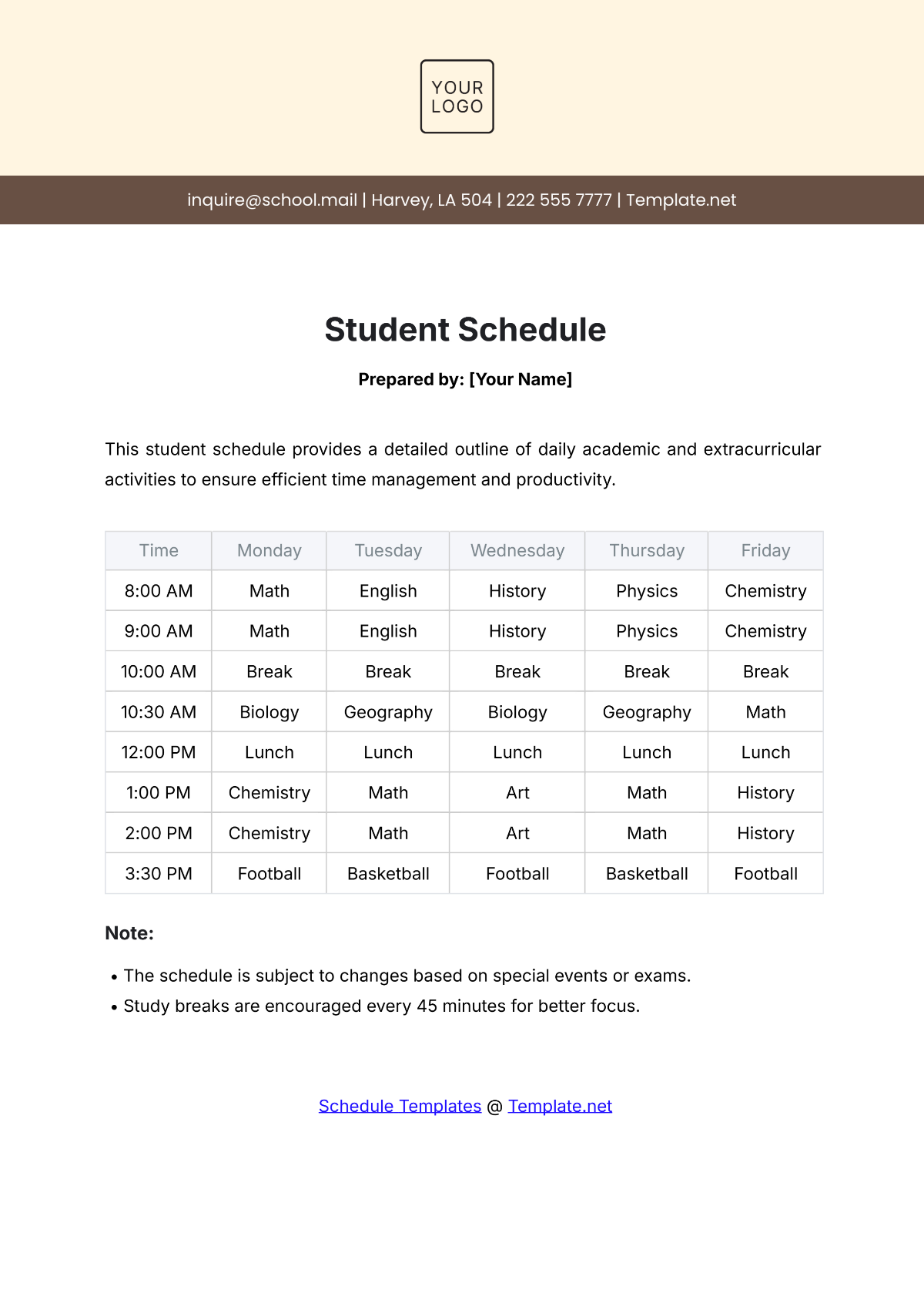 Student Schedule Template - Edit Online & Download