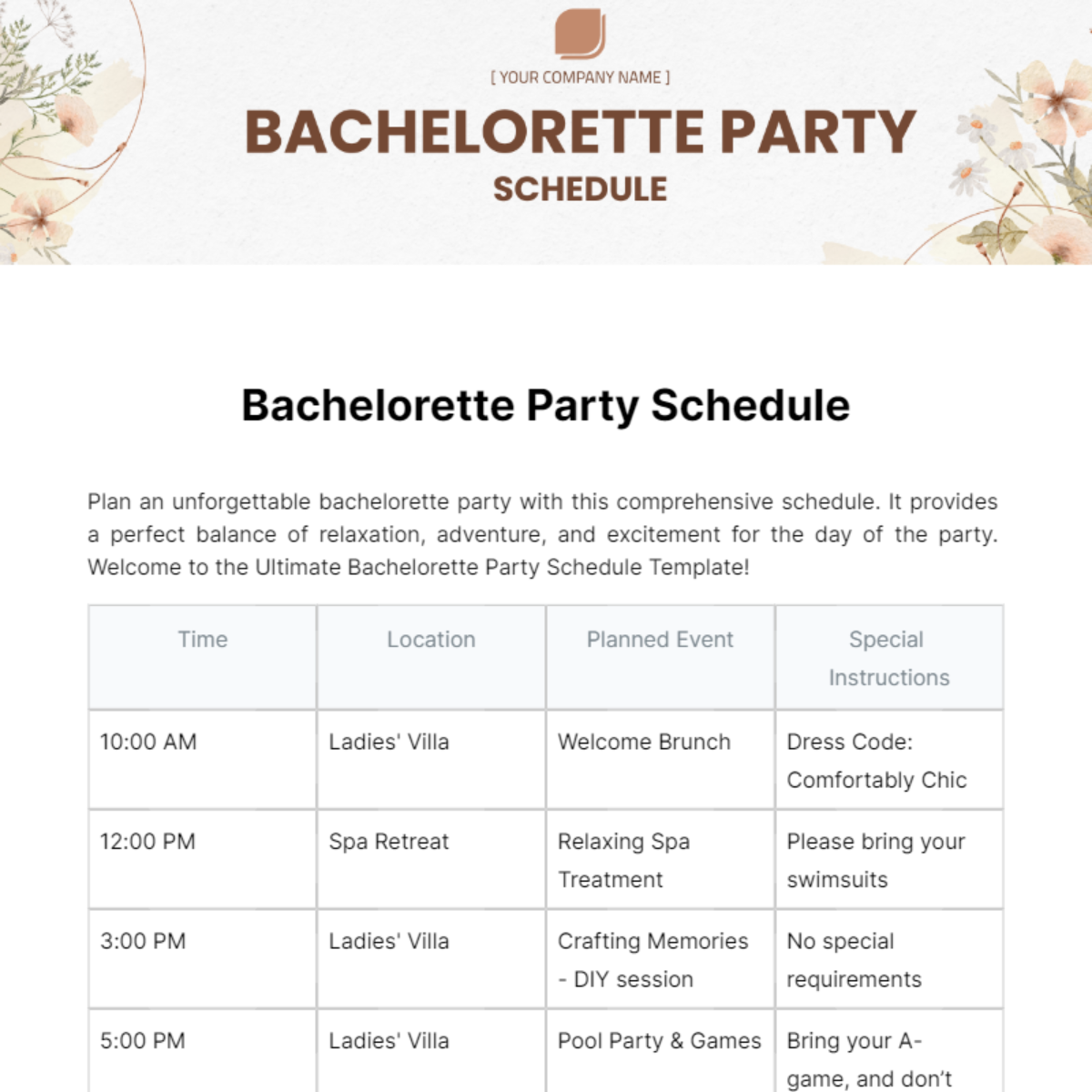 Bachelorette Party Schedule Template
