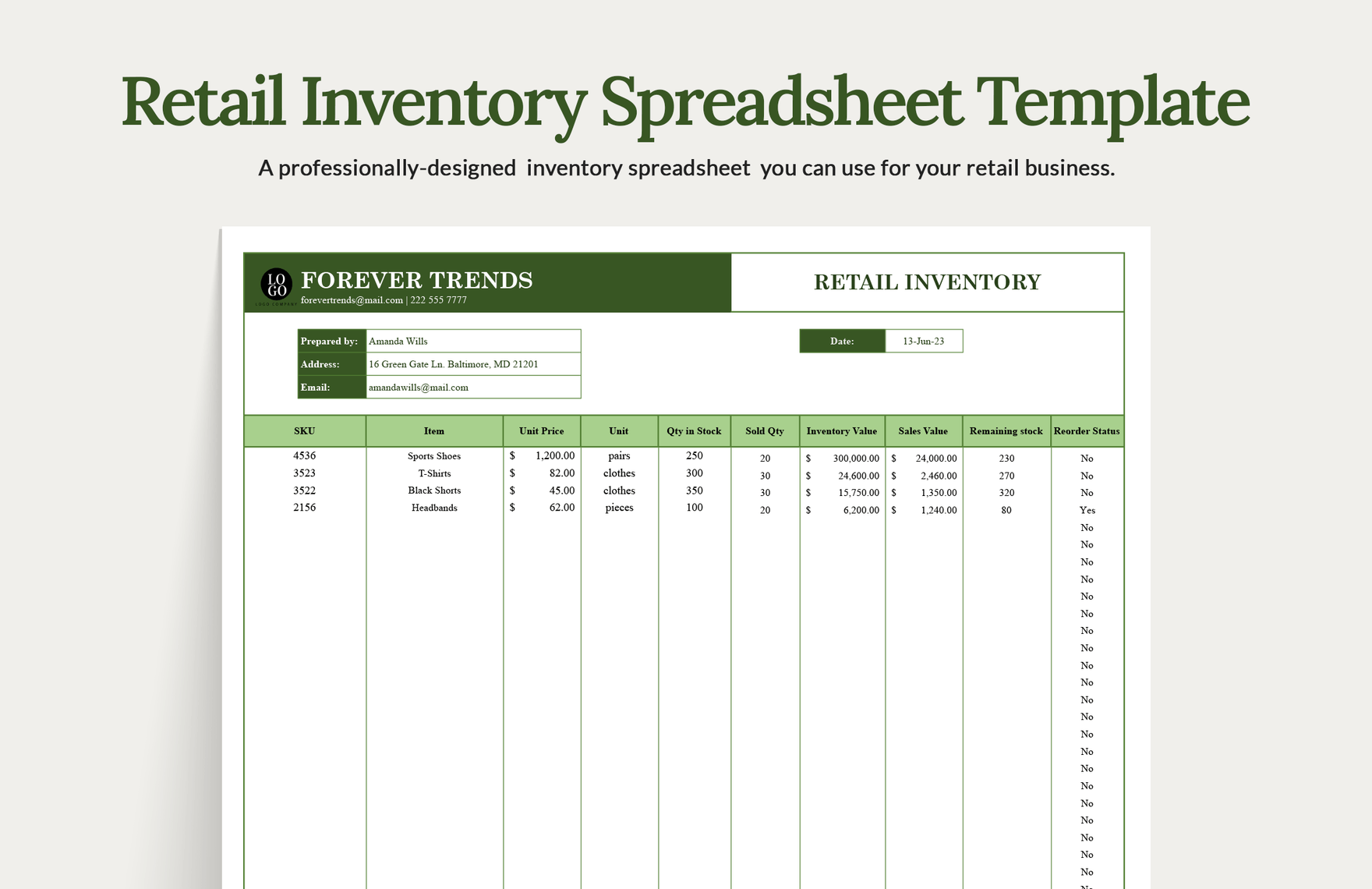 Retail Inventory Spreadsheet Template