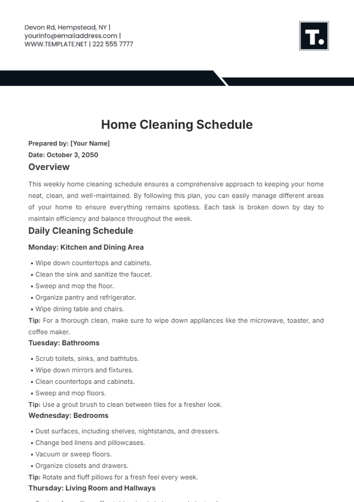 Home Cleaning Schedule Template - Edit Online & Download