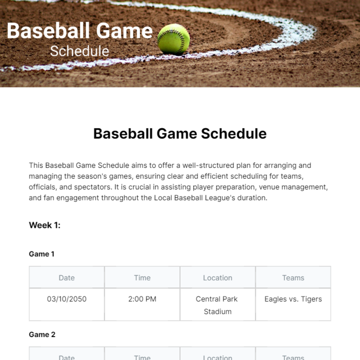 Baseball Game Schedule Template