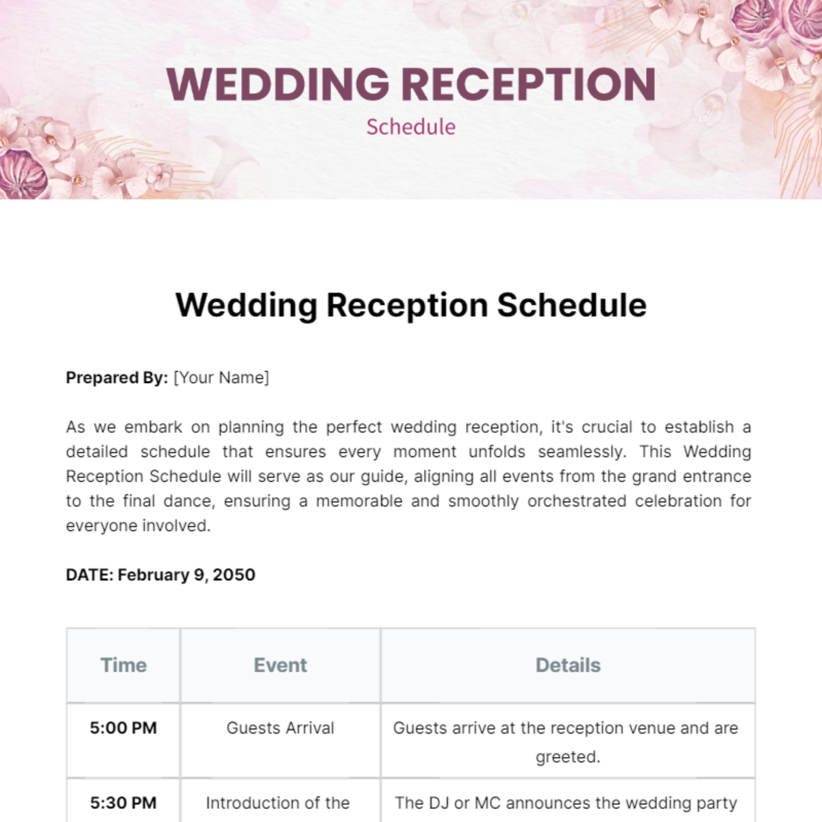 Wedding Reception Schedule Template