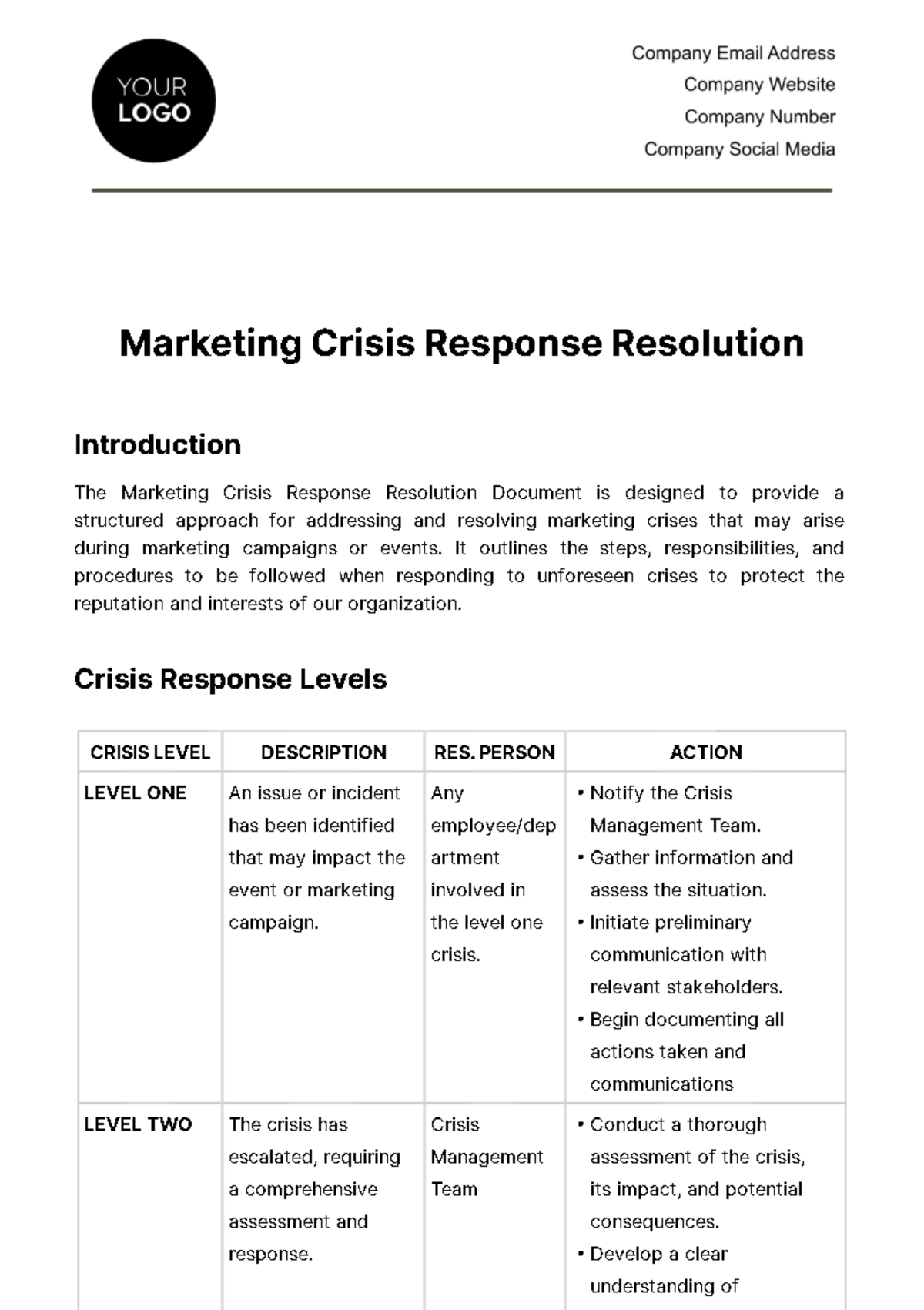 Marketing Crisis Response Resolution Template
