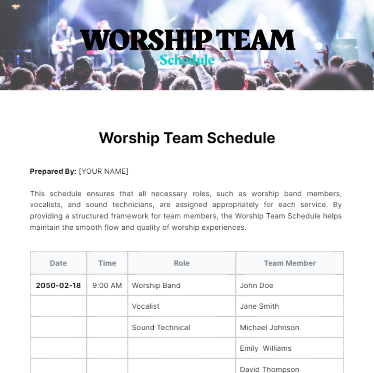 Worship Team Schedule Template
