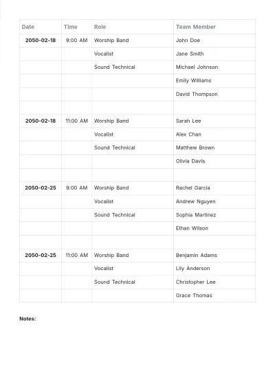 Free Worship Team Schedule Template to Edit Online