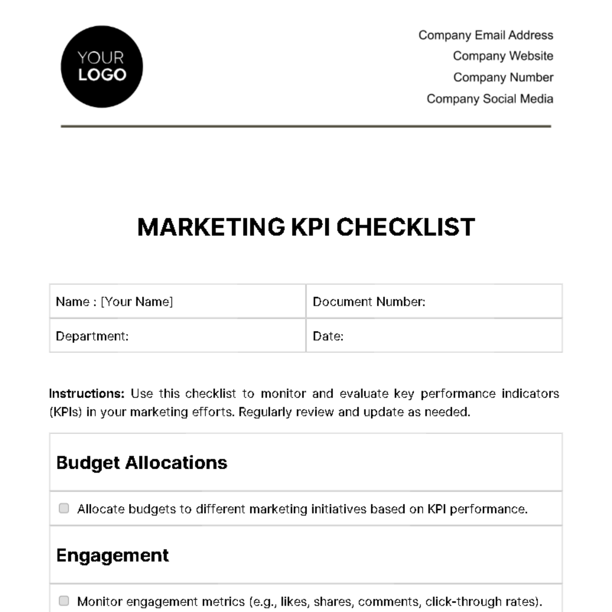 Marketing KPI Checklist Template